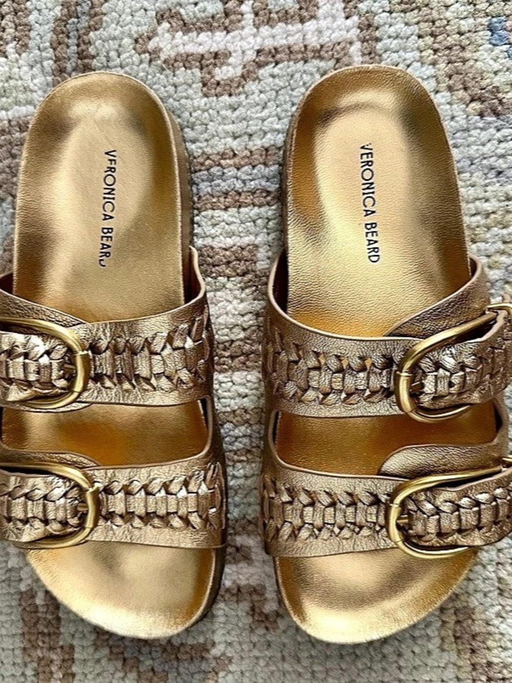 Veronica Beard Woven Double-Buckle Sandals in Gold